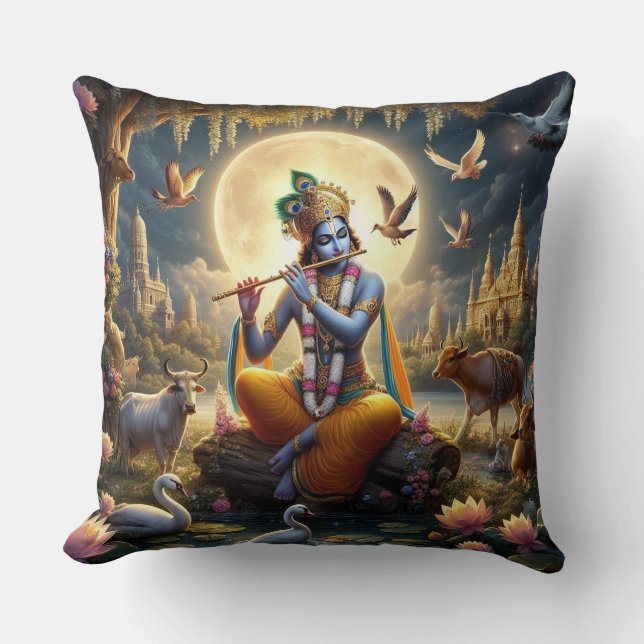 Hindu God Krishna with flute - Throw Pillow (Front)