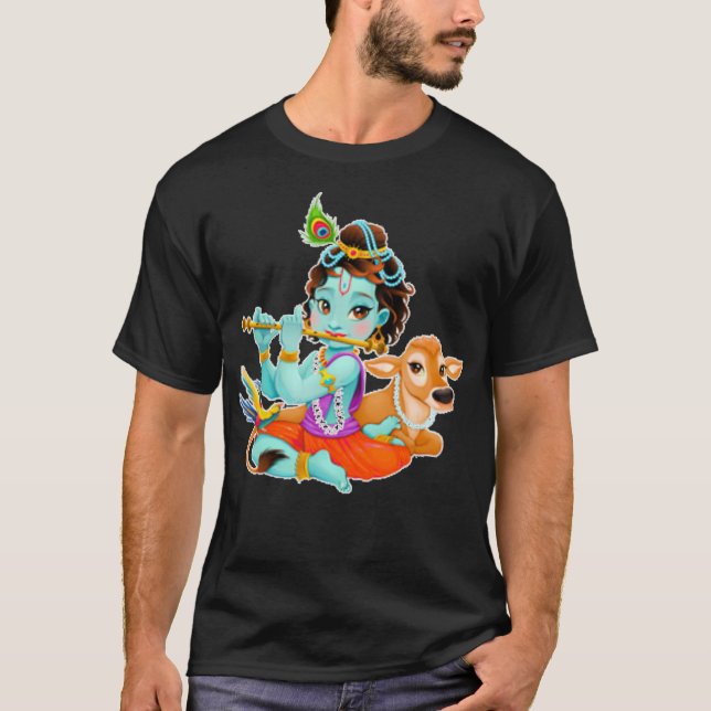 Hindu god Lord Shri Krishna with cow and bird T-Shirt (Front)