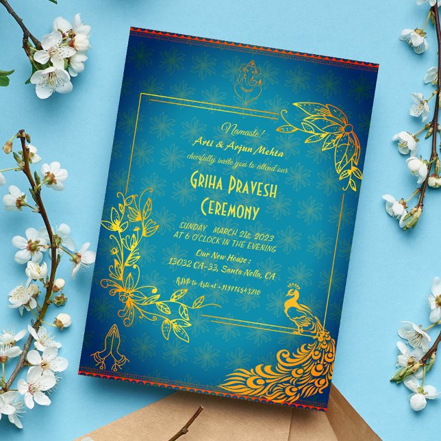 Hindu House Warming Griha Pravesh Golden Peacock Invitation (Creator Uploaded)