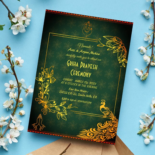 Hindu House Warming Griha Pravesh Golden Peacock Invitation (Creator Uploaded)