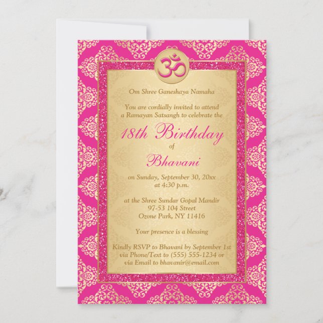 Hindu Magenta Pink, Gold Damask 18th Birthday Invitation (Front)