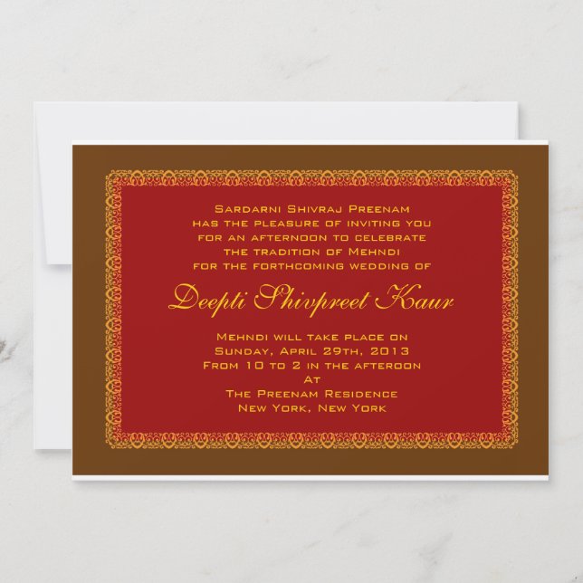 Hindu Muslim Indian Wedding Invitation Mehndi (Front)