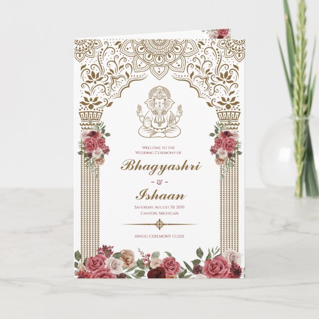 Hindu Wedding Ceremony (Gold Red Pink) Folded Programme (Front)