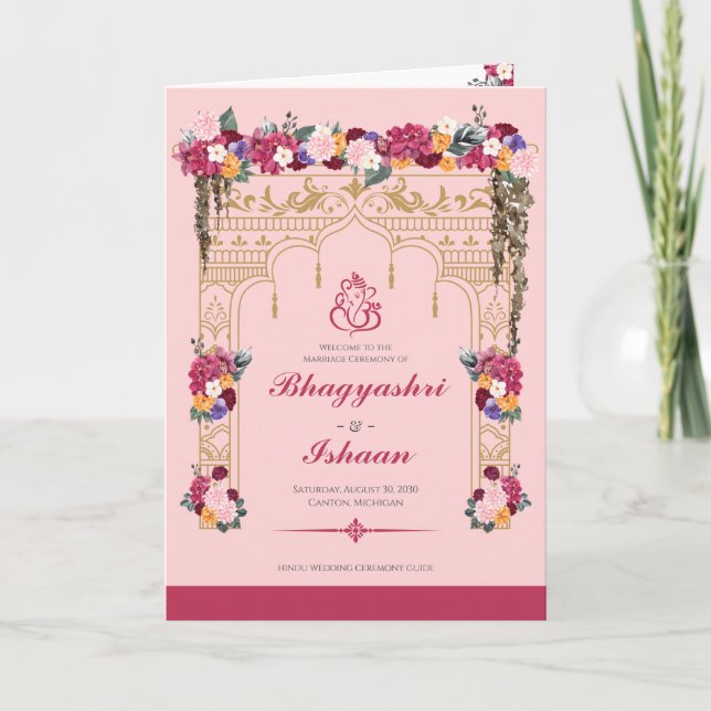 Hindu Wedding Ceremony Pink Tropical Floral Programme (Front)