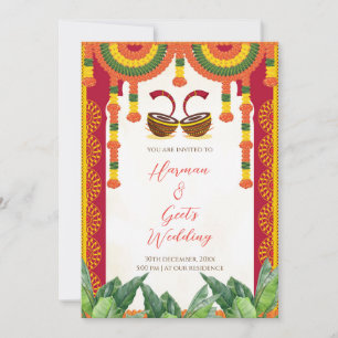 Hindu Wedding Invitation   Dhol Drum Marigold Card