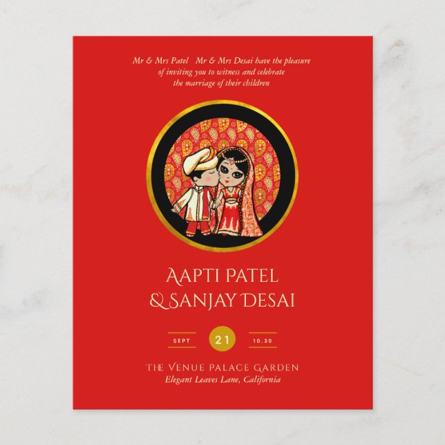 Hindu Wedding Invitations Red Gold Cartoon Couple (Front)