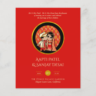 Hindu Wedding Invitations Red Gold Cartoon Couple