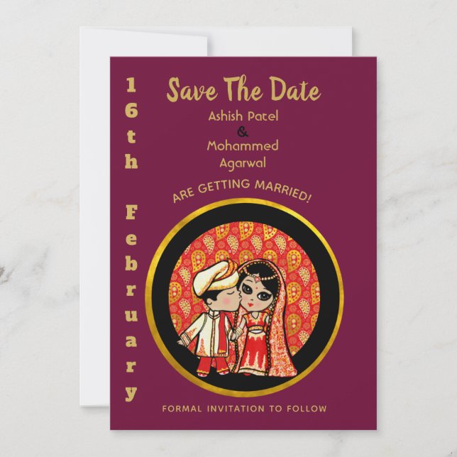 Hindu Wedding Invitations Red Gold Cartoon Couple (Front)
