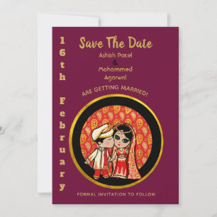 Hindu Wedding Invitations Red Gold Cartoon Couple