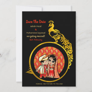 Hindu Wedding Invitations Red Gold Cartoon Couple