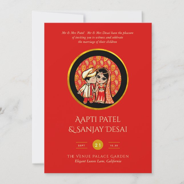 Hindu Wedding Invitations Red Gold Cartoon Couple (Front)