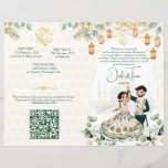 Hindu wedding rituals program green gold<br><div class="desc">Green and gold flowers garlands and lanterns cute bridal couple caricature Indian wedding program</div>