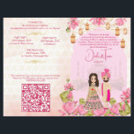 Hindu wedding rituals program pink lotus<br><div class="desc">Pink Lotus flowers garlands and lanterns cute bridal couple caricature Indian wedding program</div>