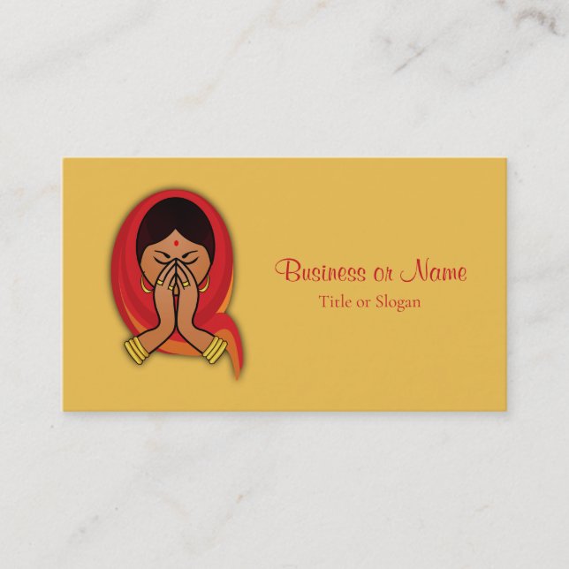 Hindu Woman with Head Scarf in Namaste Greeting Business Card (Front)