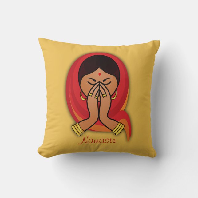 Hindu Woman with Head Scarf in Namaste Greeting Cushion (Front)