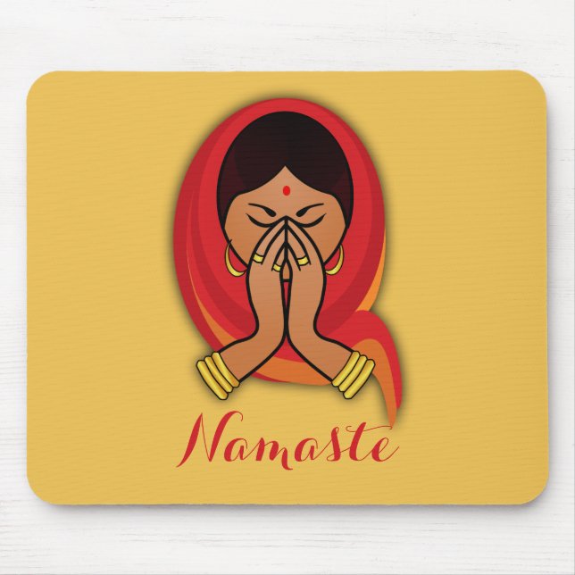 Hindu Woman with Head Scarf in Namaste Greeting Mouse Mat (Front)