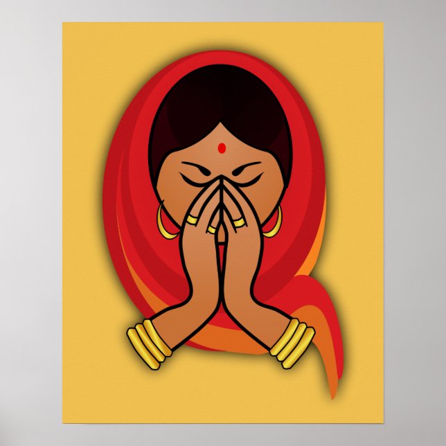 Hindu Woman with Head Scarf in Namaste Greeting Poster (Front)