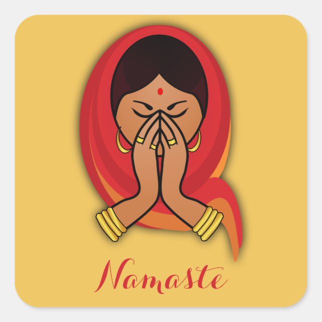 Hindu Woman with Head Scarf in Namaste Greeting Square Sticker (Front)