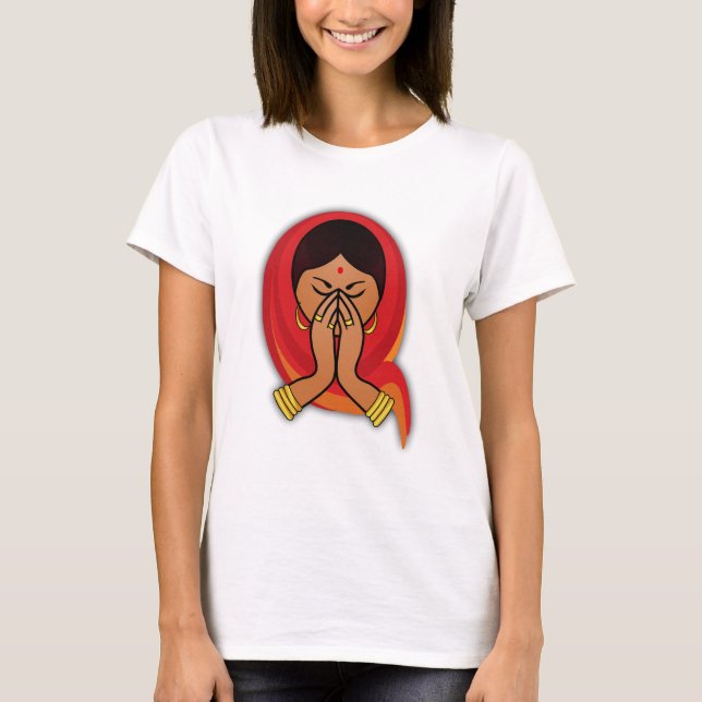 Hindu Woman with Head Scarf in Namaste Greeting T-Shirt (Front)