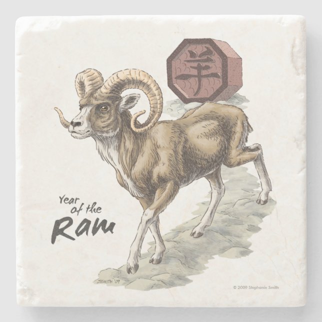 hinese Zodiac Year of the Ram Animal Art Stone Coaster (Front)