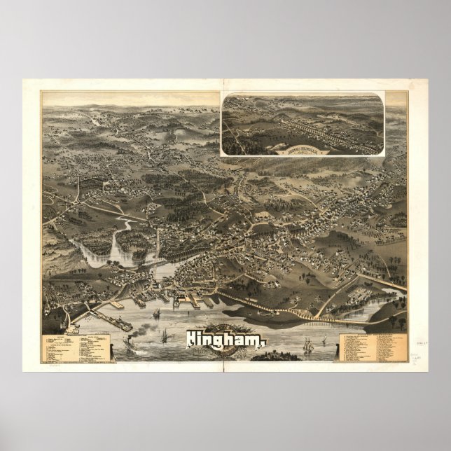 Hingham Massachusetts 1885 Antique Panoramic Map Poster (Front)