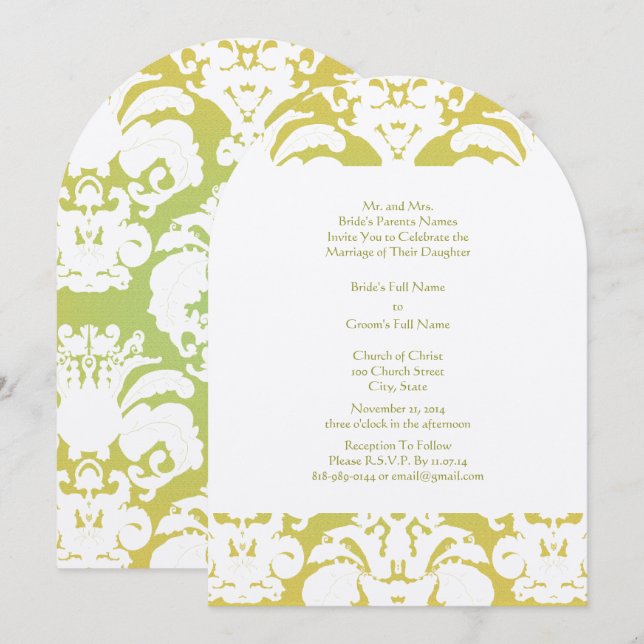 Hints of Butter Yellow Lime Green Damask Wedding Invitation (Front/Back)