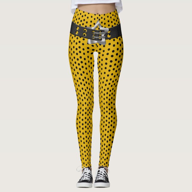 Hip Black Belt Star - Black Polka Dots on Yellow Leggings (Front)
