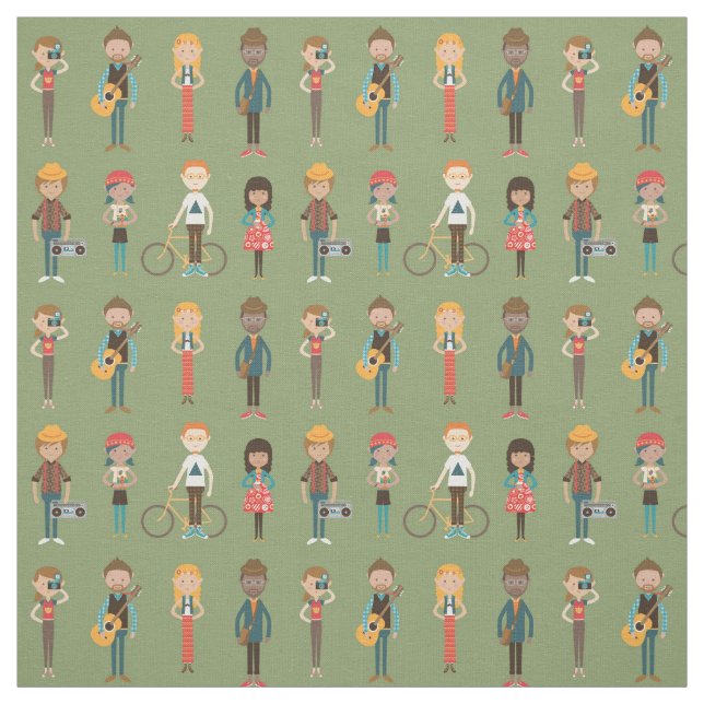 Hip Cartoon People Illustrations Pattern (Green) Fabric (Swatch)
