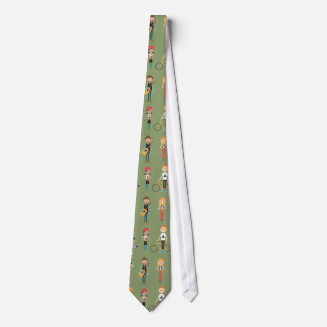 Hip Cartoon People Illustrations Pattern (Green) Tie (Front)