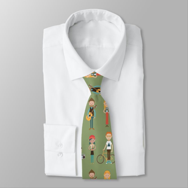 Hip Cartoon People Illustrations Pattern (Green) Tie (Tied)