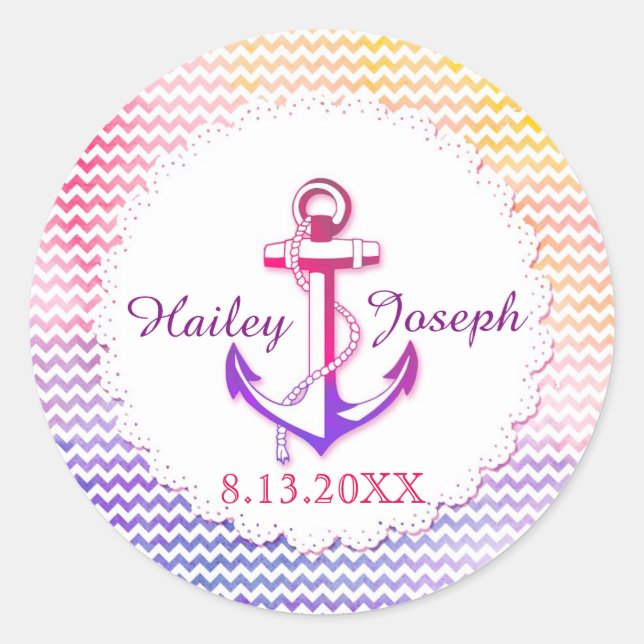 Hip Chevron Anchor Nautical Wedding Classic Round Sticker (Front)