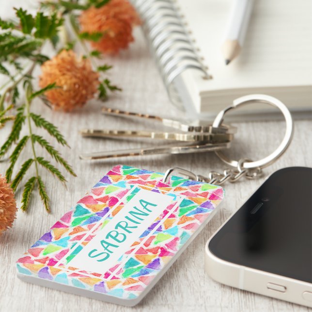 Hip Custom Triangles Polygon Mosaic Watercolor Art Key Ring (Front Right)