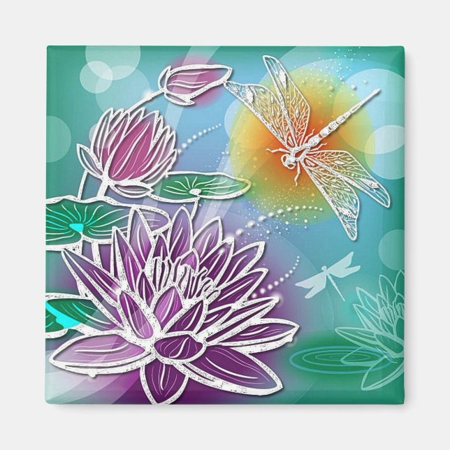 Hip Dragonfly Pretty Modern Summer Floral Art Magnet (Front)
