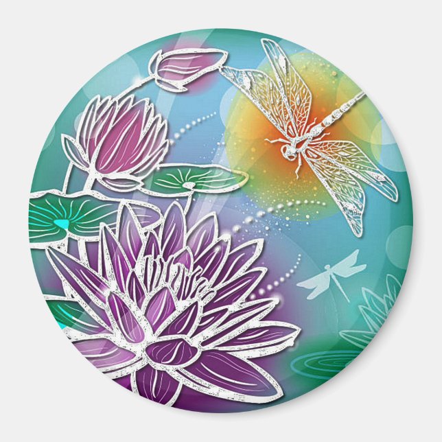 Hip Dragonfly Pretty Modern Summer Floral Art Magnet (Front)