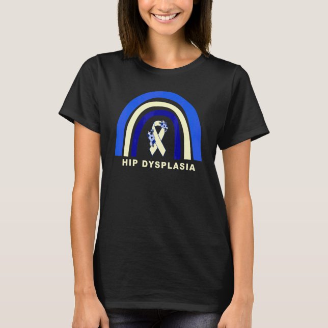 Hip Dysplasia Awareness Floral Blue White Ribbon R T-Shirt (Front)