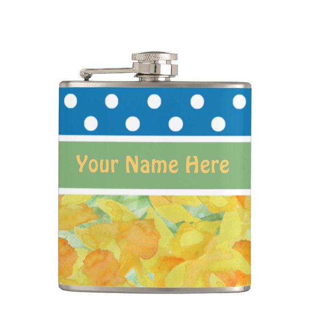 Hip Flask to Personalise: Daffodils, Polka Dots (Front)