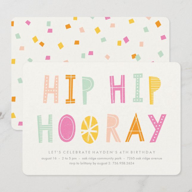 Hip Hip Hooray Birthday Invitation - Orange (Front/Back)