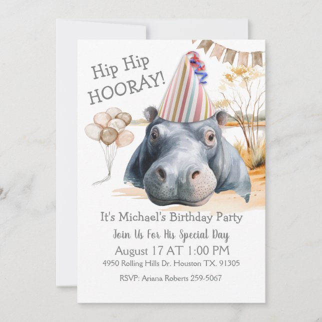 Hip Hip Hooray Hippo Birthday Invitation (Front)