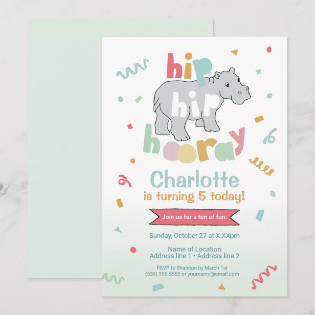 Hip Hip Hooray! Hippo Birthday Invitations (Front/Back)