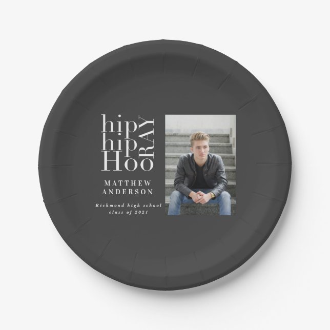 Hip hip hooray photo graduation party  paper plate (Front)