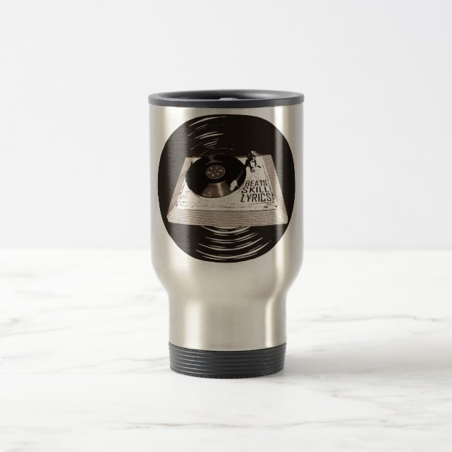 HIP HOP BEATS SKILL LYRICS ON TURNTABLE TRAVEL MUG (Center)