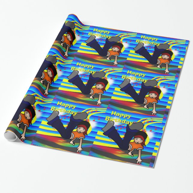 Hip Hop Break Dancing Kid Happy BIrthday Wrapping Paper (Unrolled)