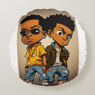 Hip Hop Cartoon Character in Boondocks Art Style Round Cushion