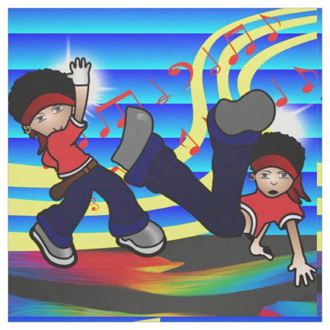 Hip Hop Dancing Kids Print Blue Fabric (Swatch)
