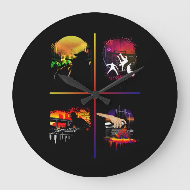 Hip Hop Elements Wall Art MC DJ Breakdance Large Clock (Front)
