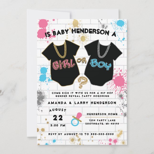Hip Hop Gender Reveal Invitation, Boy or Girl Invitation (Front)