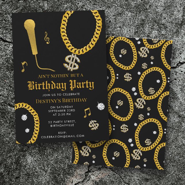 Hip Hop Gold Chain Microphone 80's 90's Birthday Invitation (Hip Hop Gold Chain Microphone 80's 90's Birthday Invitation)