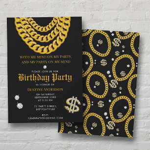 Hip Hop Gold Cuban Link Chain 90's Birthday Party Invitation