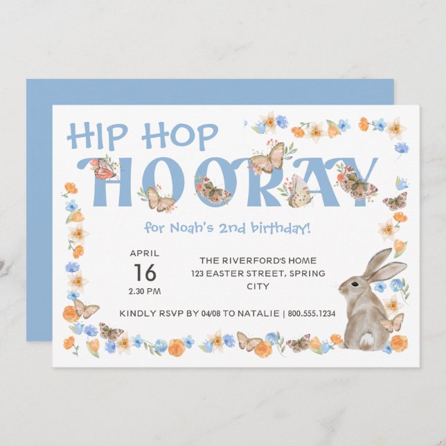 Hip Hop Hooray Bunny and Butterfly Boy's Birthday Invitation (Front/Back)