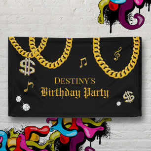 Hip Hop Music Gold Cuban Link Chain 90's Birthday Banner